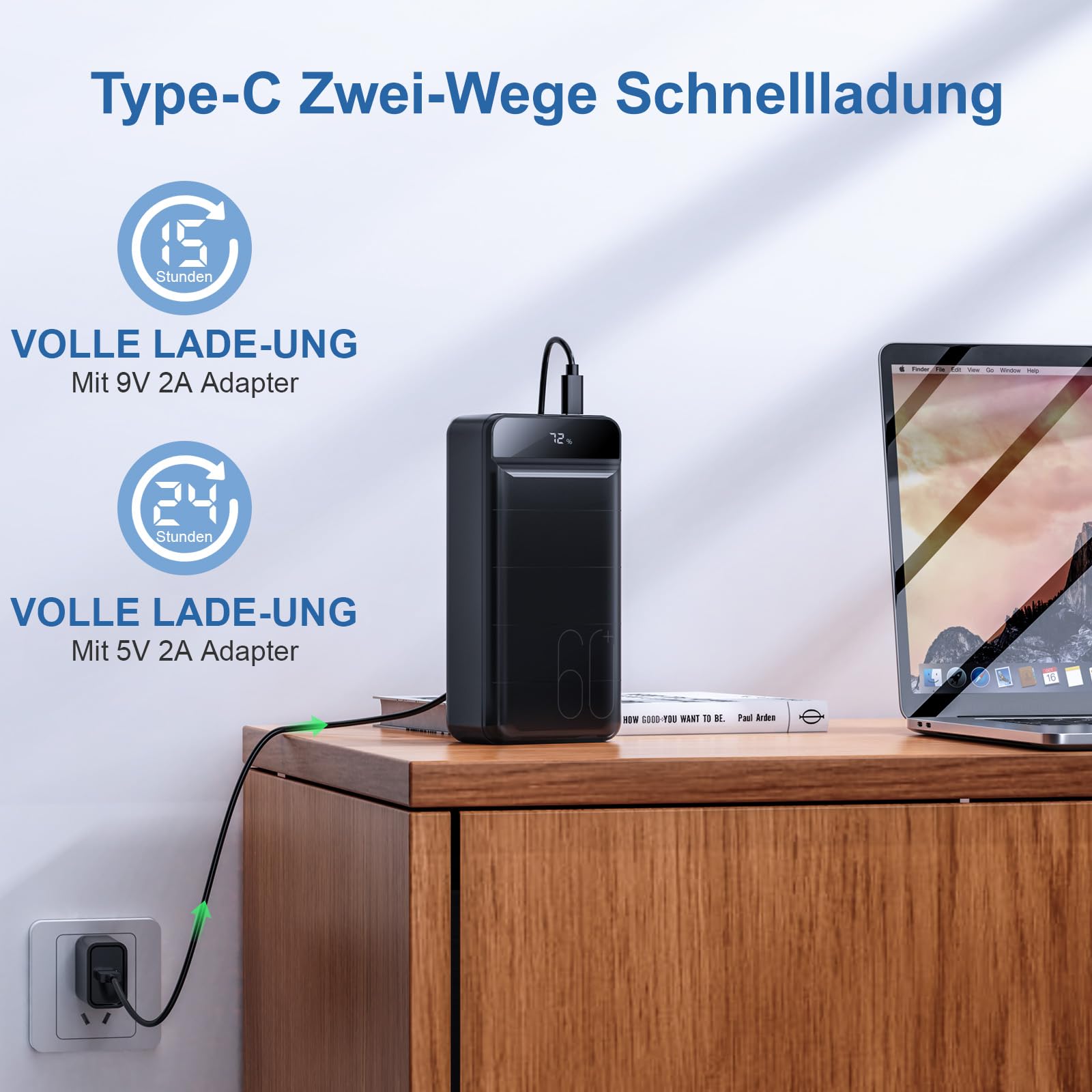 Powerbank 60000mAh, 22,5W PD USB-C Schnellladegerät, Externer Akku mit LED-Anzeige, Power Bank 4 Ausgängen und 3 Eingängen, kompatibel mit iPhone, Tablets, Android und mehr Schwarz 3