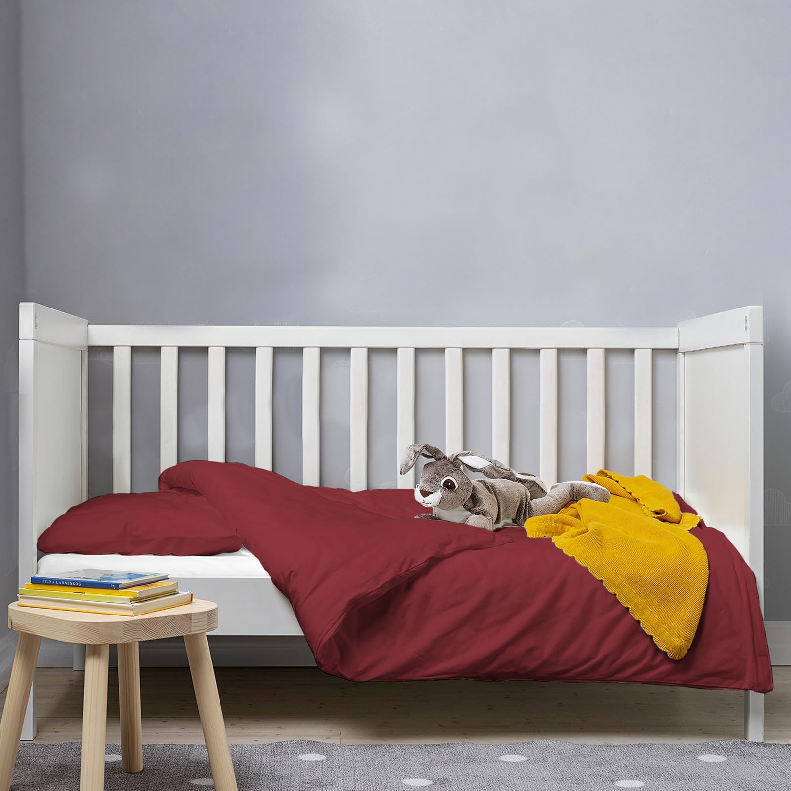 Pizuna 100% Cotton Crib Duvet Cover Rio Red, 400 Thread Count Long Staple Cotton Duvet Cover 100x135 cm, Soft Sateen Weave Toddler Bedding Set Include 1 Duvet Cover And 1 Baby Pillow Case