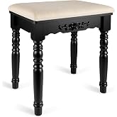 URFORESTIC Oak Wood Vanity Stool, Modern Makeup Dressing Stool with Concave Seat Surface,Capacity 300lb, Easy Assembly (Black)