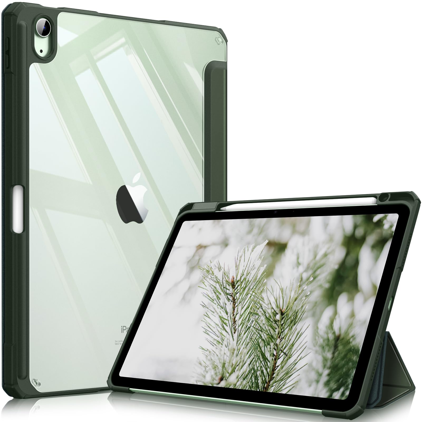 FINTIE Hybrid Case for iPad Air 11 Inch M4 (2026)/M3 (2025)/M2 (2024), iPad Air 5th/4th Generation (2022/2020) 10.9 Inch - Shockproof Slim Clear Acrylic Cover with Pencil Holder, Alpine Green