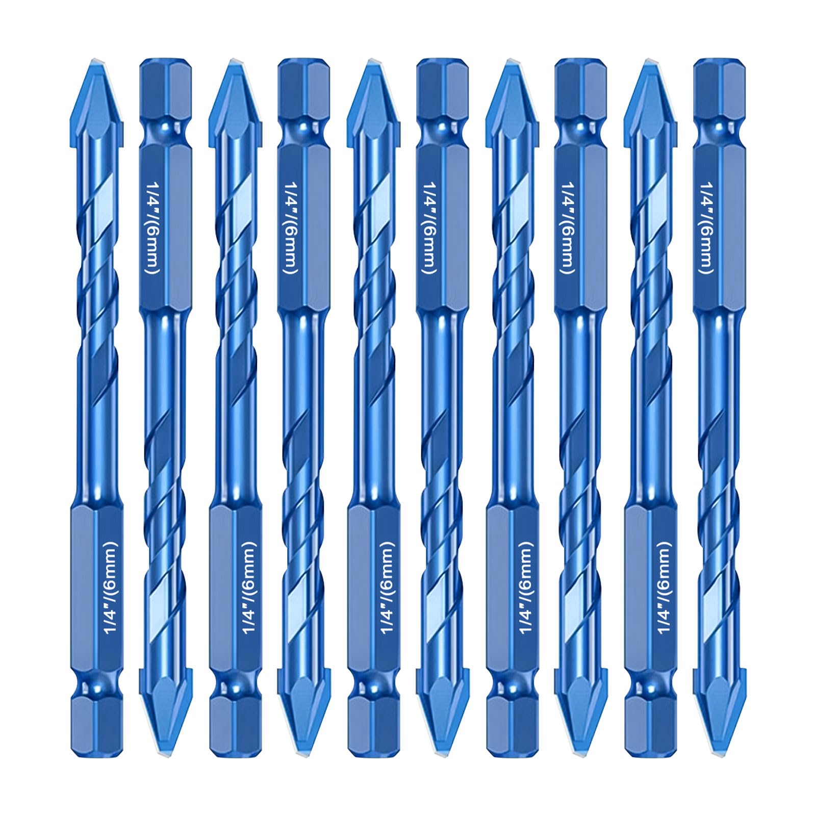 6MM High Strength Eccentric Twist Drill Bit, 10 Pcs 1/4" Drill Bits Sets High Strength Oblique Head Eccentric Drill Bit with 6.35mm Hexagonal Shank for Glass Hard Plastic Cement Granite (blue)
