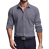 COOFANDY Muscle Fit Dress Shirt Long Sleeve Stretch Solid Business Wedding Casual Button Down Shirts Dark Grey
