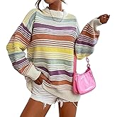 Pinclodly Striped Sweater Women Oversized Color Block Long Lantern Sleeve Knit Tunic Sweaters Casual Crew Neck Pullover Tops