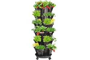 Tectsia 6T Strawberry Vertical Planters Black, Tower Garden Stacking Planter with Support Pole
