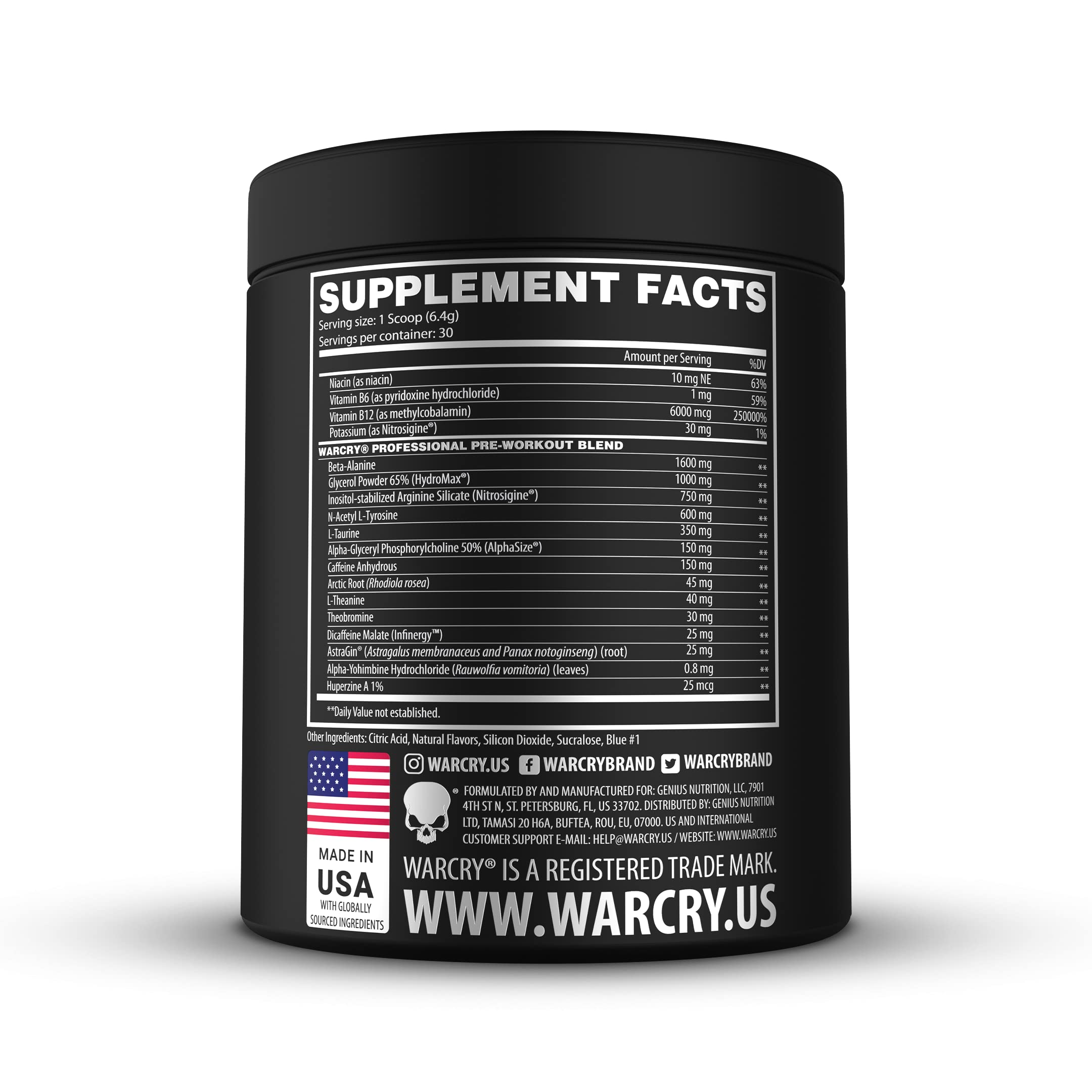 WARCRY Pre-Workout - Ultra Energy, Strength, Clear Focus & Pumps with Nitrosigine, Caffeine, Beta-Alanine - Blue Raspberry Flavor, 30 Servings