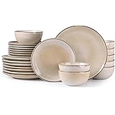 GBHOME Ceramic Dinnerware Sets for 8, 24 Pieces Stoneware Plates and Bowls Sets, Reactive Glaze Dishes -Scratch Resistant, Dishwasher&Microwave Safe-Cappuccino