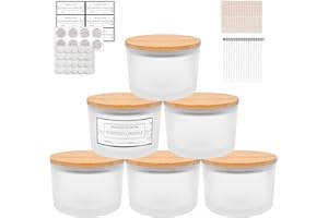 CONNOO 6-Pack 16 oz Candle Jars - 3-Wick Frosted Empty Glass Wide Mouth Candle Jars Come with Bamboo Lids, Sticky Warning Labels, and a Candle Wick Kit for Candle Making - Dishwasher Safe