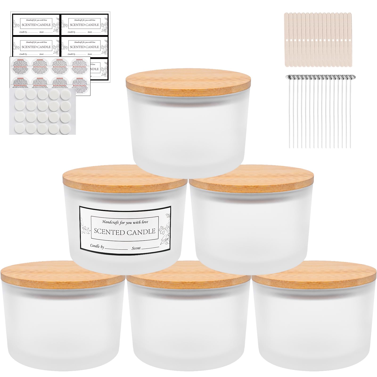 CONNOO 6-Pack 16 oz Candle Jars - 3-Wick Frosted Empty Glass Wide Mouth Candle Jars Come with Bamboo Lids, Sticky Warning Labels, and a Candle Wick Kit for Candle Making - Dishwasher Safe