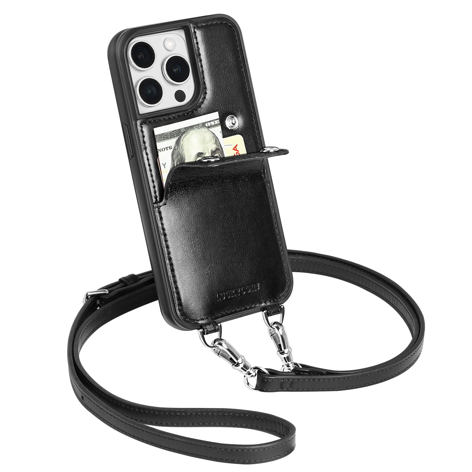 LUCKYCOIN Crossbody Wallet Phone Case for iPhone 14 Pro Max,100% Genuine Leather Phone Purse Case for Women,with Expandable Card Holder,with Adjustable & Removable Strap Retro Black
