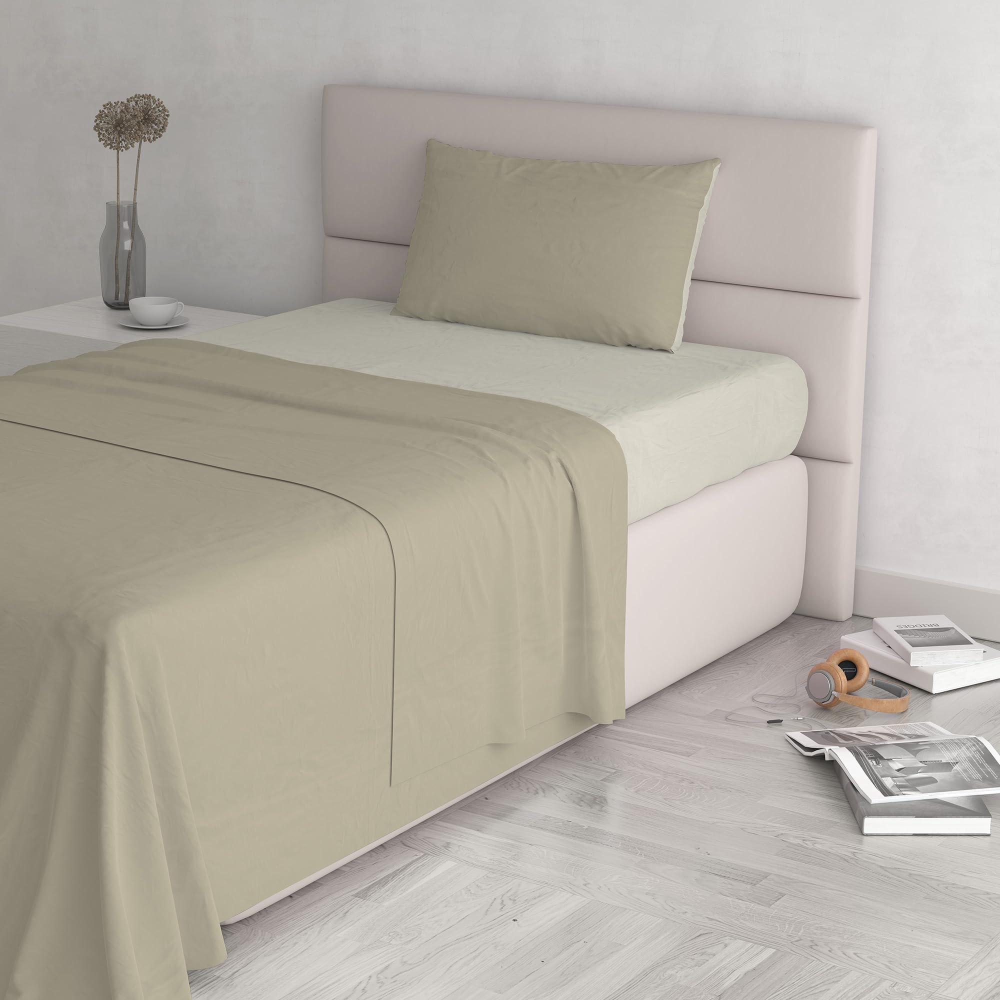 Italian Bed Linen Natural Color Bed Set (Flat 150x300, Fitted Sheet 90x200cm+Pillowcase 52x82cm), Petrol Bottle Green, 100% Cotton, Dove Gray/Cream, SINGLE