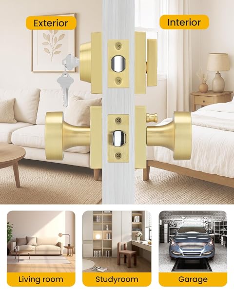 GOLDENWARM 2 PACK BRUSHED GOLD DOOR KNOB WITH DEADBOLT, CONTEMPORARY GOLD DOOR KNOBS EXTERIOR WITH DEADBOLT ZINC-ALLOY HEAVY DUATY BRASS FRONT DOOR KNOB AND DEADBOLT SET