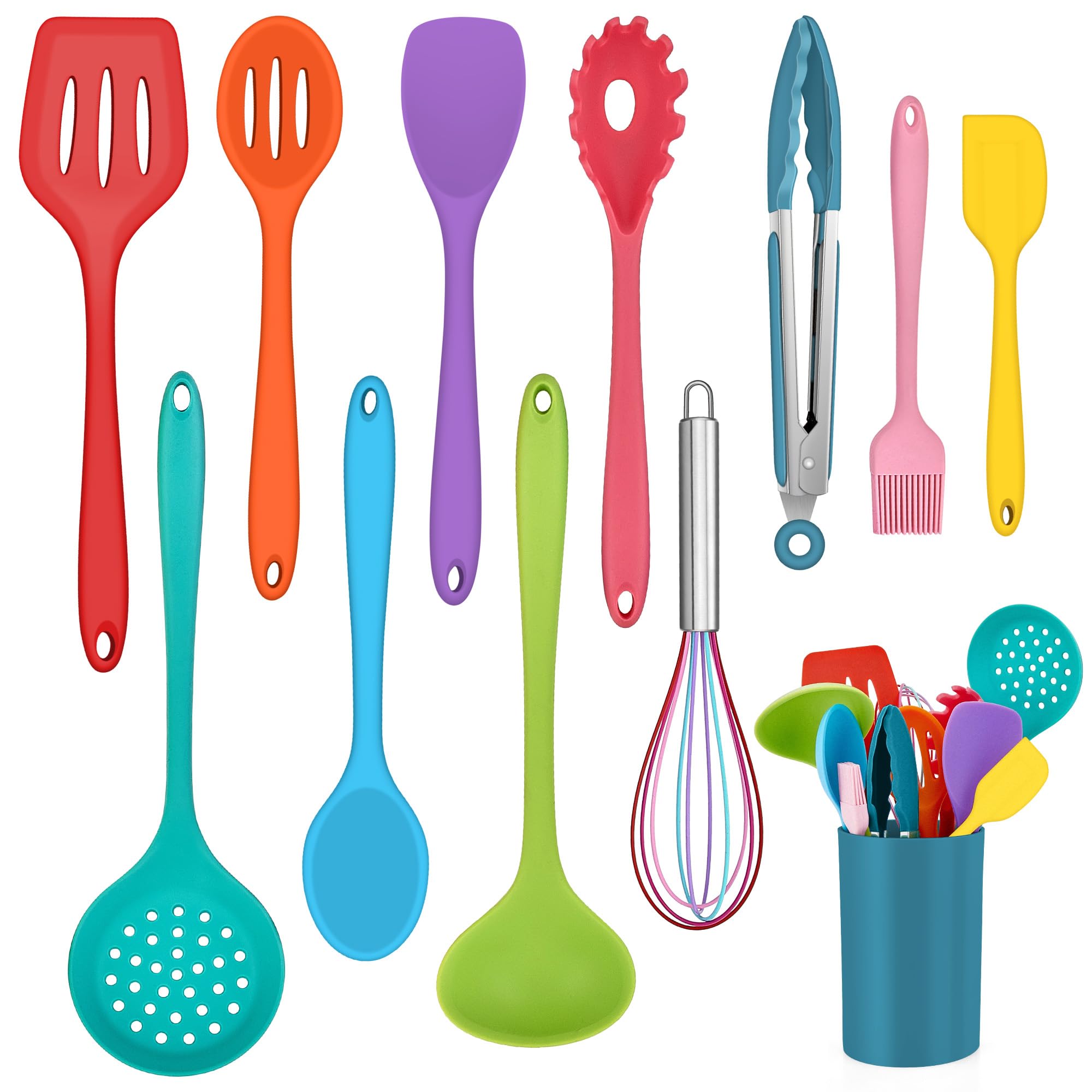 Onader Kitchen Utensil Set, 12 Piece Silicone Cooking Utensils with Holder, Heat Resistant Kitchen Tools Turner Spatula Spoon for Non-Stick Cookware, Easy Clean & Dishwasher Safe, Multicolor