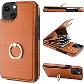 Folosu Compatible with iPhone 14 Case Wallet with Card Holder, 360°Rotation Finger Ring Holder Kickstand, RFID Blocking Leather Protective Double Buttons Shockproof Cover 6.1 Inch Brown
