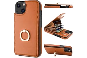 Folosu Compatible with iPhone 14 Case Wallet with Card Holder, 360°Rotation Finger Ring Holder Kickstand, RFID Blocking Leather Protective Double Buttons Shockproof Cover 6.1 Inch Brown