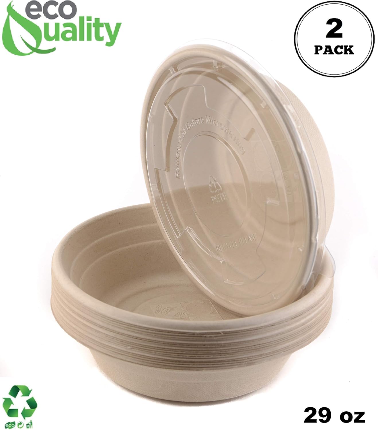 [2 Pack of 250] - EcoQuality 29oz Round Disposable Bowls with Flat Lids Natural Sugarcane Bagasse Bamboo Fibers Sturdy Compostable Eco Friendly Environmental Paper Plastic Bowl Alternative Tree Free
