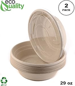 [2 Pack of 250] - EcoQuality 29oz Round Disposable Bowls with Flat Lids Natural Sugarcane Bagasse Bamboo Fibers Sturdy Compostable Eco Friendly Environmental Paper Plastic Bowl Alternative Tree Free