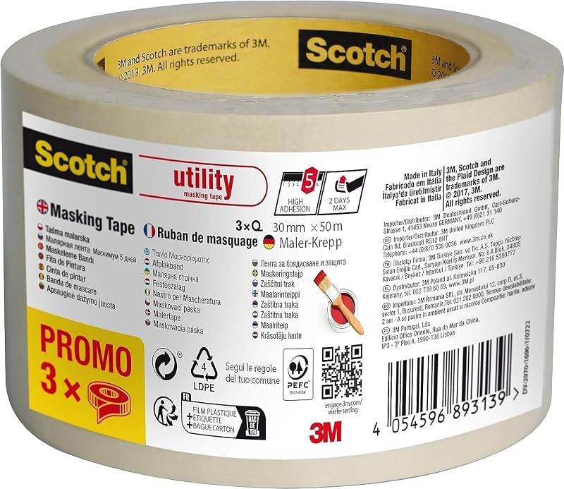 Scotch Utility Masking Tape 3 Rolls 30mm x 50m Beige Indoor Decorating PEFC