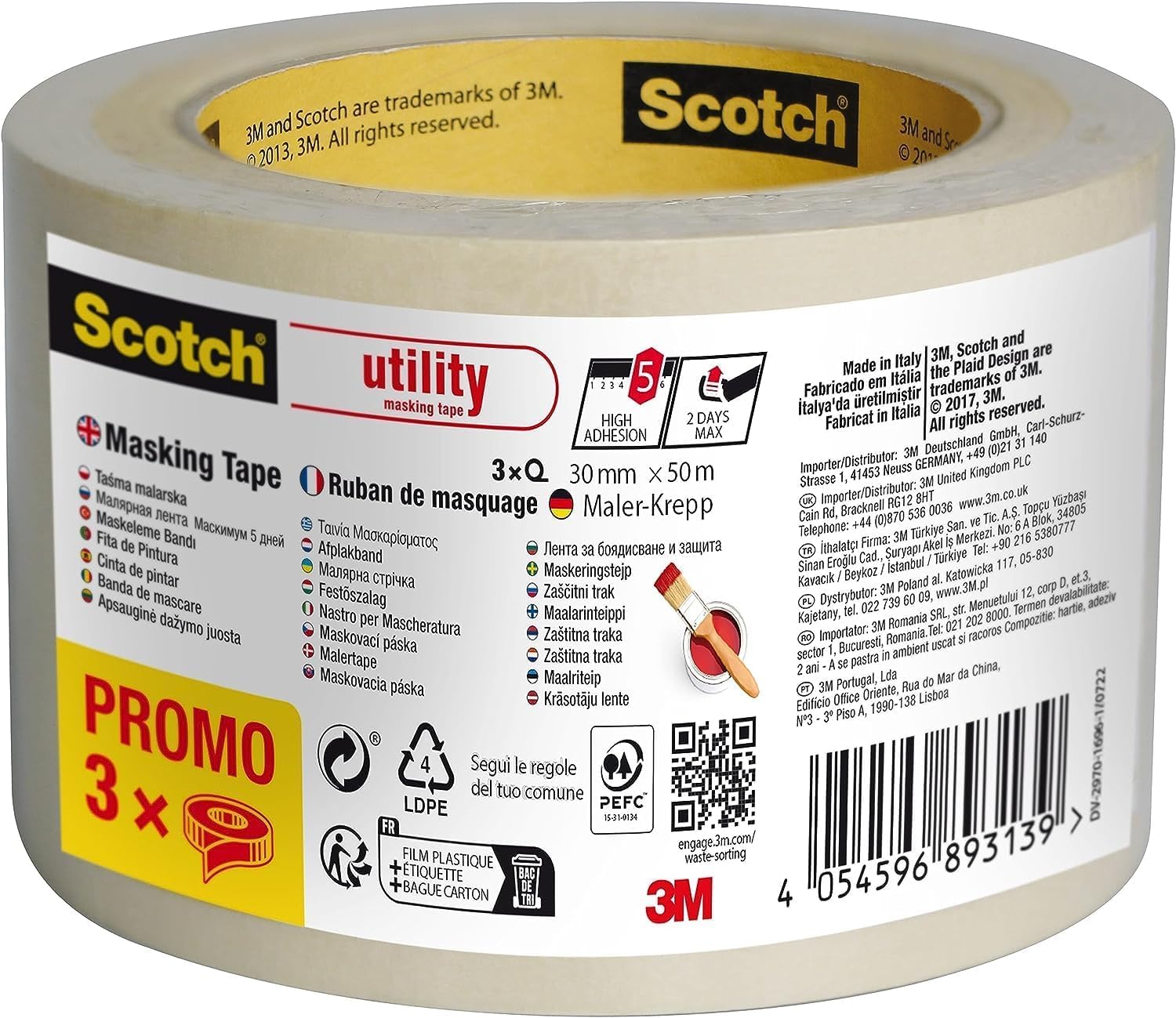 Scotch Utility Masking Tape, Promo Pack of 3 Rolls, 30 mm x 50 m, Beige - Painters Masking Tape for Indoor Painting and Decorating, 70% PEFC — image 1