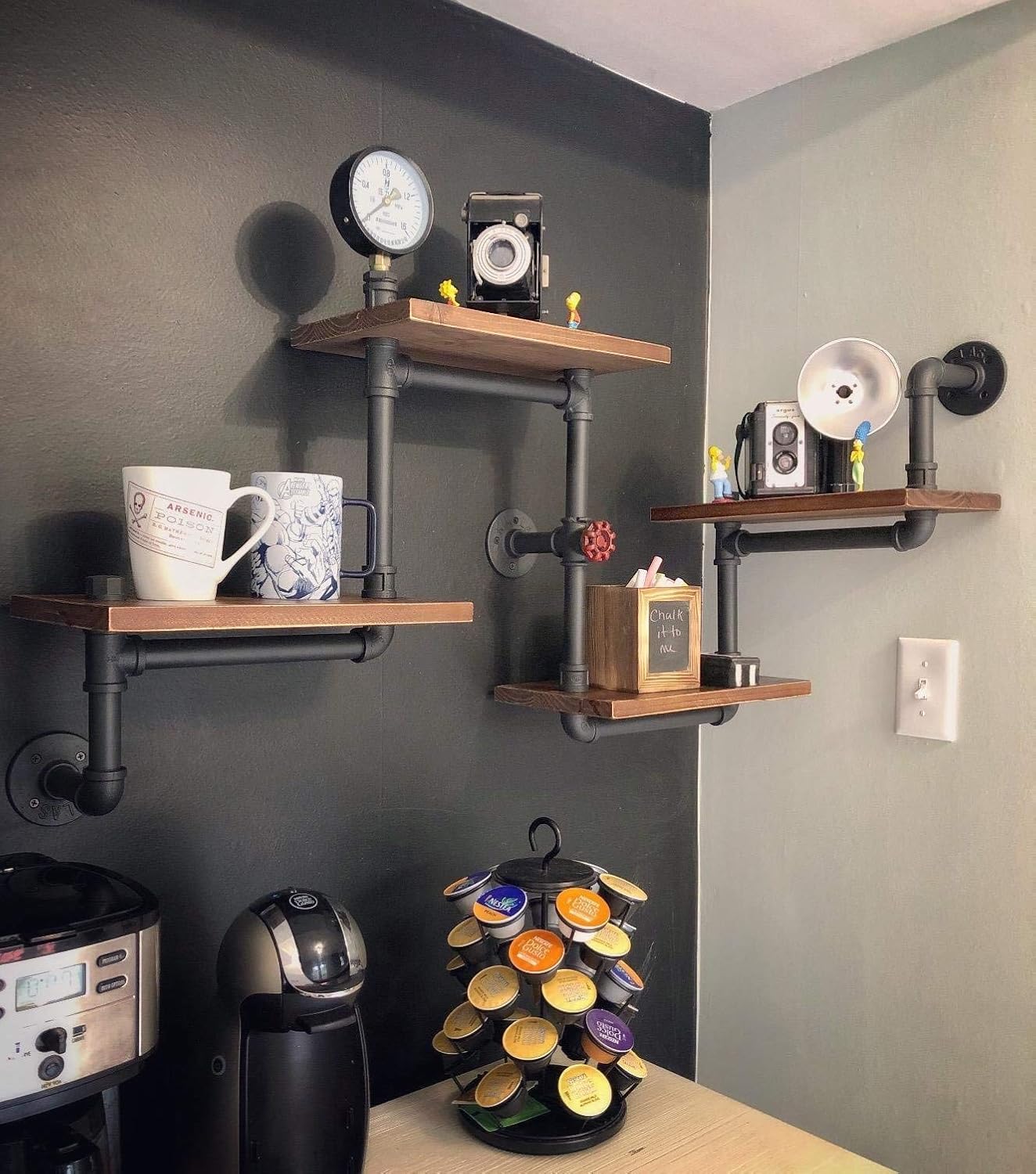 Industrial Rustic Modern Wood Ladder Pipe Wall Shelf 4 Layer Pipe Design Bookshelf DIY Shelving: Kitchen & Dining