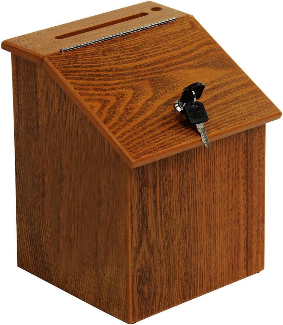 Displays2go Locking Small Suggestion Box for Wall, Wood, Envelope Drop Box, Oak