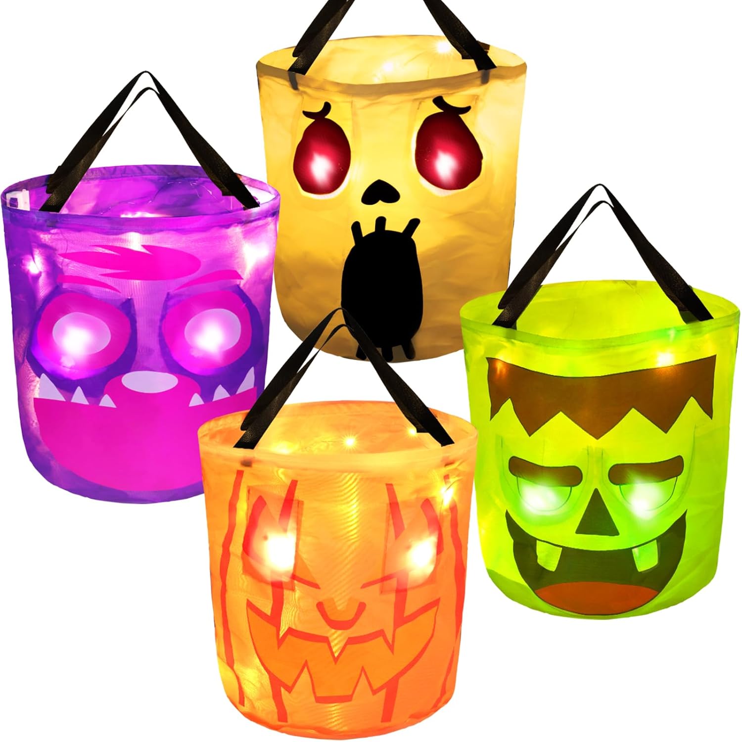 Holiday Décor Storage - Halloween Buckets Trick or Treat Bags - 4pcs Halloween Candy Bags LED Light Pumpkin Buckets Goody Bags for Kids Halloween Gift Party Favors Supplies