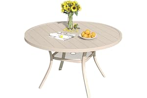 DIFY 48" Round Patio Dining Table for 6, Outdoor Metal Dining Table with 1.57" Umbrella Hole for Backyard Lawn Garden, Sandshell