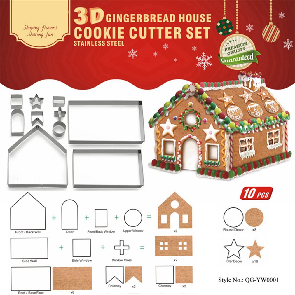 Gracelaza 10 Pieces Christmas Gingerbread House Cookie Cutters Set - Stainless Steel Metal Baking Molds