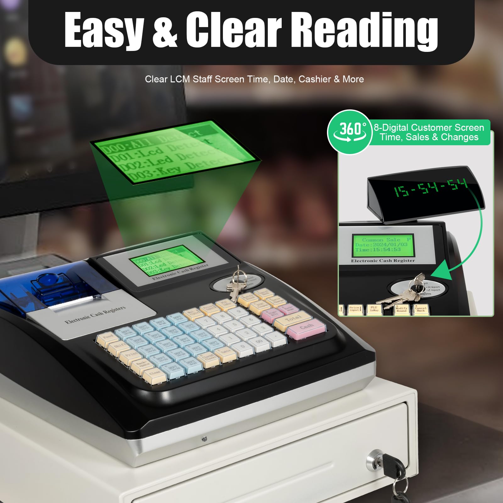 SNKOURIN Cash Register,Electronic Pos System Cash Register With 48 Keys