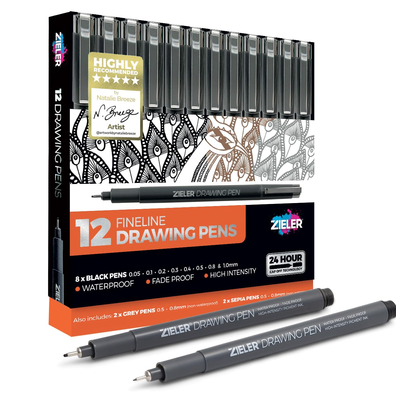 Zieler 12 Fineliner Drawing Pens | 8 Black pens - High Intensity, Water & Fade Proof, Permanent | Plus 2 Sepia & 2 Grey pens