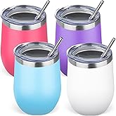 GUDEMAO 12oz/4 Pack Stainless Steel Wine Tumbler with Lid and Straw, Double Wall Vacuum Insulated Wine Tumbler Glasses, Stemless Travel Mugs for Hot and Cold Drinks, Coffee, Wine, Cocktails