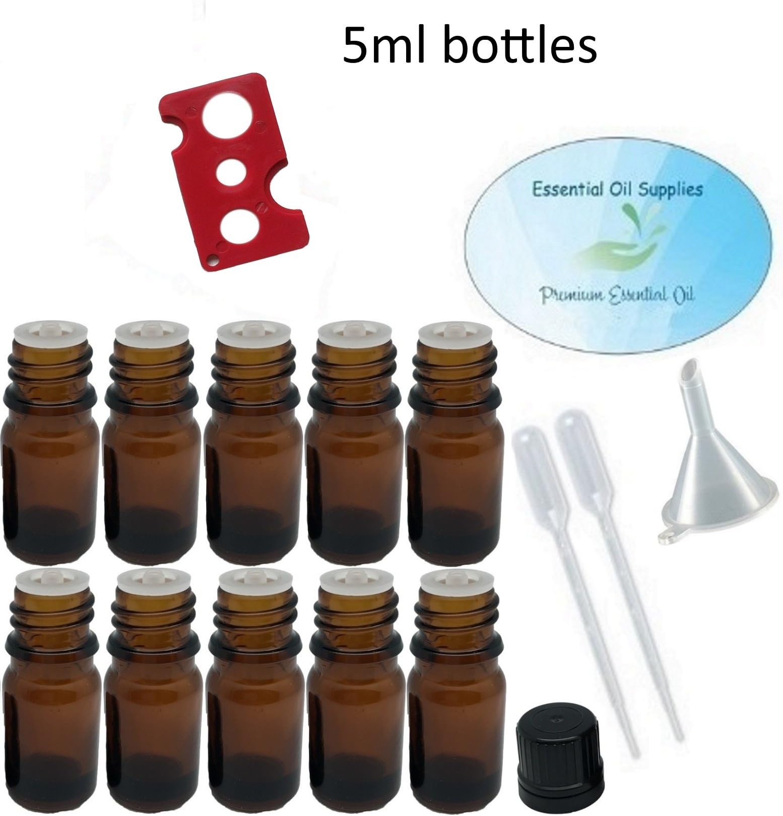 5ml (1/6 Ounce) Amber Glass Bottles with Euro Orifice Reducer Tops (Pack of 10), Funnel, Pipettes, and Essential Oil Bottle Opener