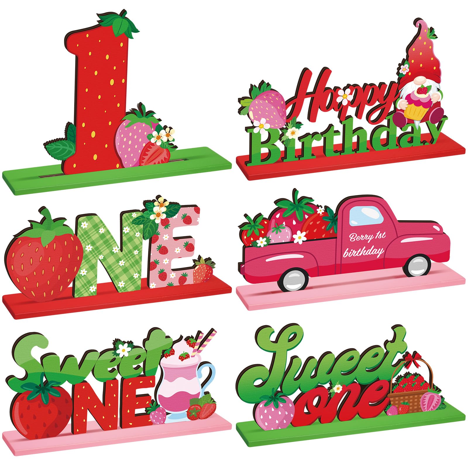 Photo 1 of Suzile 6 Pcs Strawberry Sweet One Table Wooden Centerpiece Decorations Strawberry First Birthday Party Table Decor Berry 1st Pink Sign for Baby Girls Summer Fruit Baby Shower First Party Favors