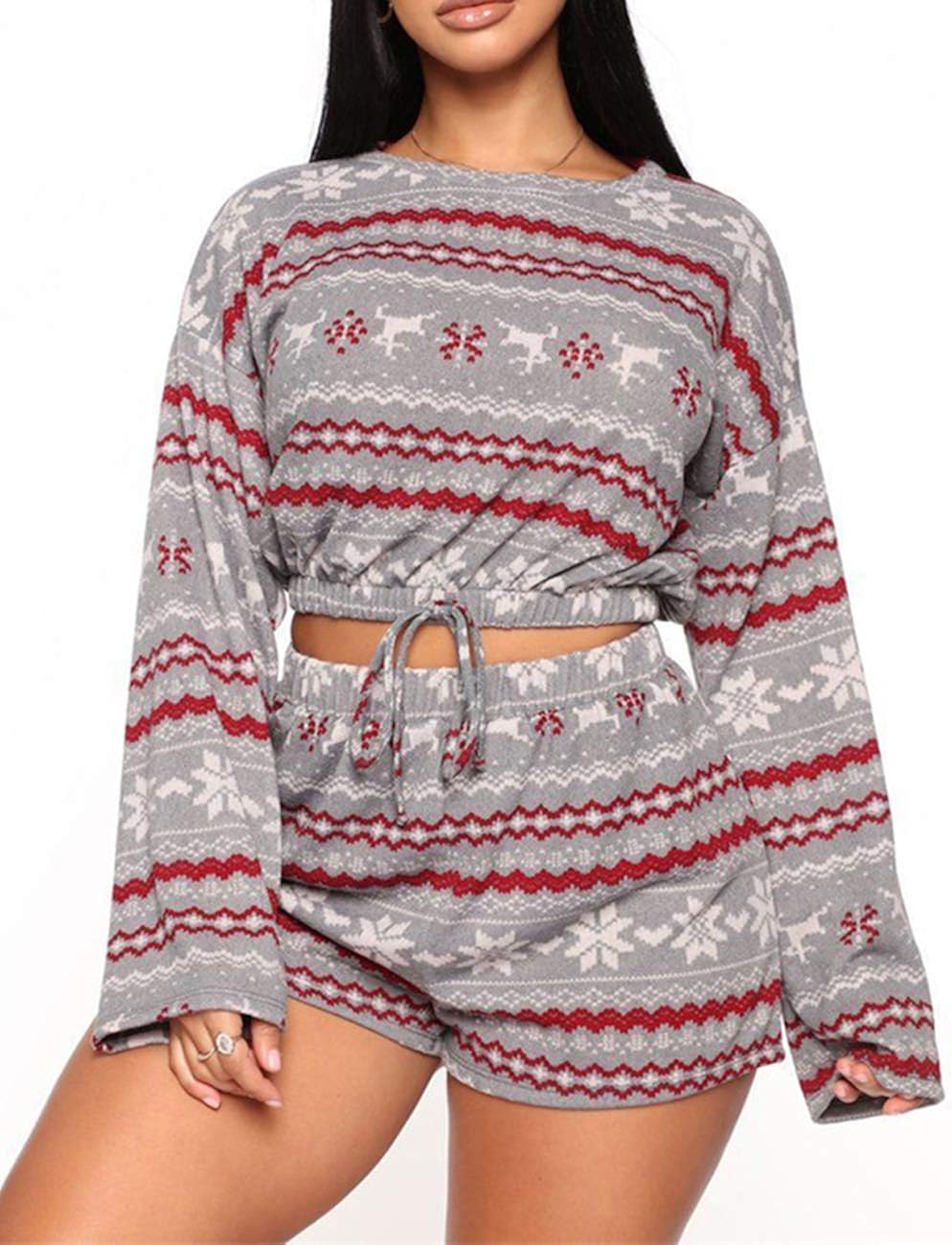 N / D Christmas Pajama Sets for Women, Drawstring Crop Top Sleepwear
