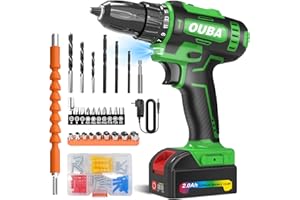 OUBA Cordless Drill Set, 12.8V Lithium Lon Power Drill Cordless with Battery and Charger, 2 Variable Speeds, 3/8" Keyless Chuck, 25+3 Torque Setting, Built-In LED, Electric Drills for Home (Green)