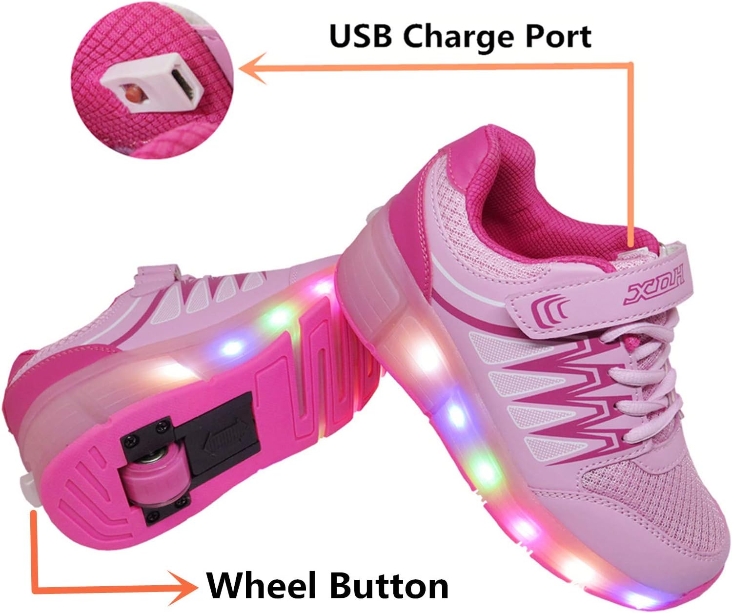JOMIGLI PU Rechargeable Light Up Flashing Wheeled Heel Skate Shoes Led Roller Sneakers