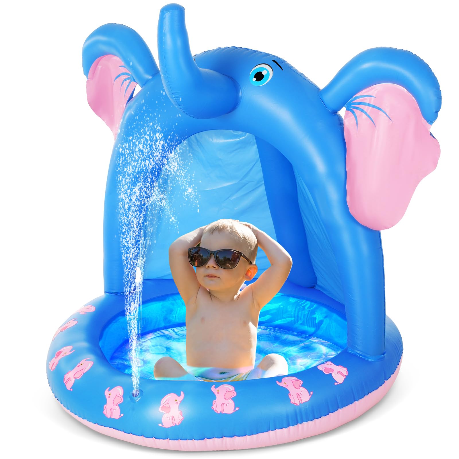 Photo 1 of Relaxgiant 47 Inches Baby Pool with Canopy Elephant Inflatable Baby Swimming Pool with Soft Floor Bottom and Built in Sunshade Water Sprinkler for Kids Outdoor Indoor Game Play Center