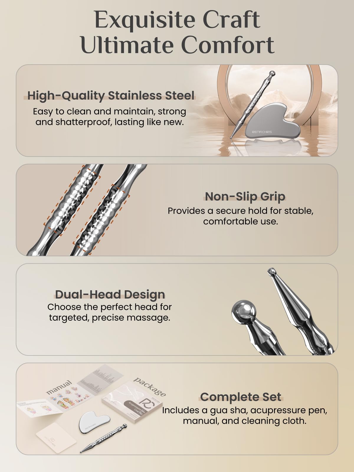 Rena Chris Acupuncture Pen, Manual Reflexology Tools for Muscle Tension and Pain Relief, Acupressure Pen and Stainless Steel Gua Sha Set with Reflexology Chart, Easy to Use