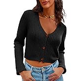 Saodimallsu Womens Cropped V Neck Cardigan Sweaters Long Sleeve Button Down Chunky Ribbed Knit Loose Crop Sweater Tops