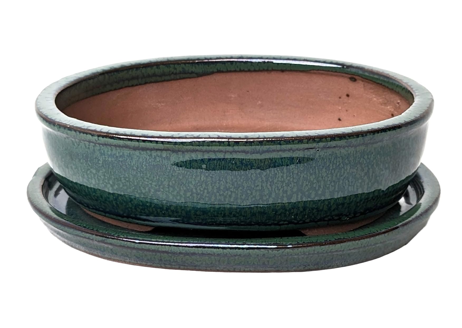 Glazed Ceramic Bonsai Pots with Matching Drip Trays (Bottle Green, 16cm)