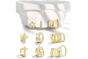 MUSECLOUD 9Pcs 18K Gold Plated Grillz Teeth Caps for Women Men Fake Tooth Cap Grill Dental Jewelry Kit for Teeth Mouth Hip Hop Vampire Halloween Party Single Grillz with Molding Bars Star Fang Heart