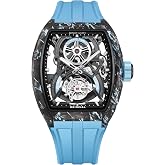 BONEST GATTI Luxury Mens Automatic Skeleton Carbon Fiber Dial Analog Watch | Big Face Unique sapphire crystal 80h power reserve 50m waterproof Tonnea Blue Silicone Strap Business Dress Mechanical Watch