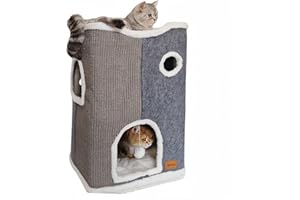 Spindro 3-Level Cat House for Indoor Cats, Large Adult Cat Cave Bed Cats Cube House with Scratch Pad Cat Towers, Cute Kitten Condo Hideaway Hut with Soft Pillow Mat for Multi Pets Under 50 lbs