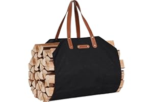Permade Firewood Carrier with Real Leather Handles, Log Carrier for Firewood Canvas, 38.4x17.3inch Wood Carrier for Fireplace, Water Resistant Firewood Tote Bag, Stove, Outdoor Camping - Black
