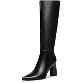 Meolee Knee High Boots for Women Chunky High Heel Long Boots Pointed Toe Leather Boots with Side Zipper Size 6
