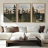 HPNIUB Vintage Mountain Framed Canvas Wall Art Set, Boho Sunrise Art Prints, Forest Nature Wilderness Art Paintings, Abstract Farmhouse Pine Tree Wall Decor for Living Room Bedroom, Office- 16"x24"x3