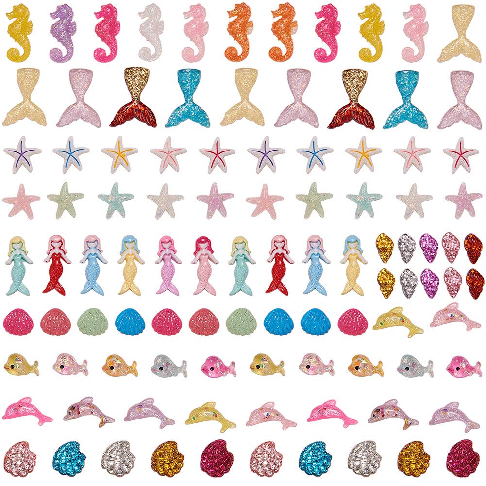 SUNNYCLUE 100PCS 10 Styles Summer Sea Theme Resin Flatback Cabochons Mermaid Starfish Shell Dolphin Whale Sea Horse Slime Beads Charms for DIY Phone Decor Scrapbooks Embellishments Hair Ornaments