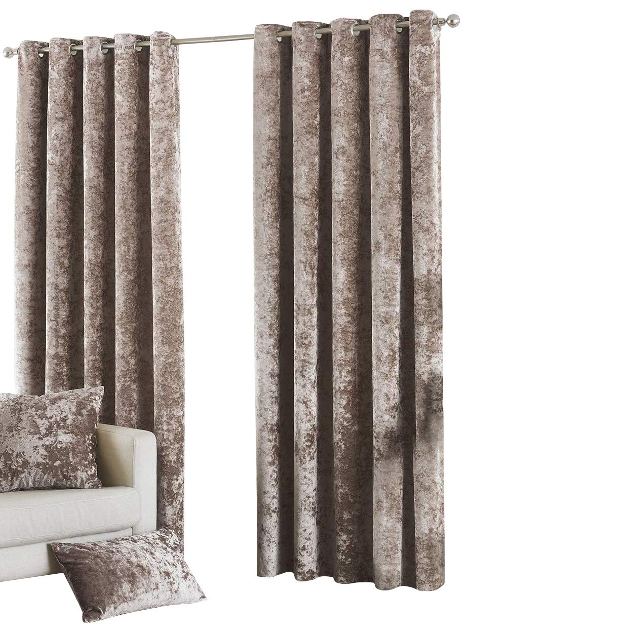 Riva Paoletti Verona Ringtop Eyelet Curtains (Pair) - Oyster Beige - Velvet Feel - Crushed Velvet Look 100% Polyester - 168cm width x 229cm drop (66" x 90" inches) - Designed in the UK
