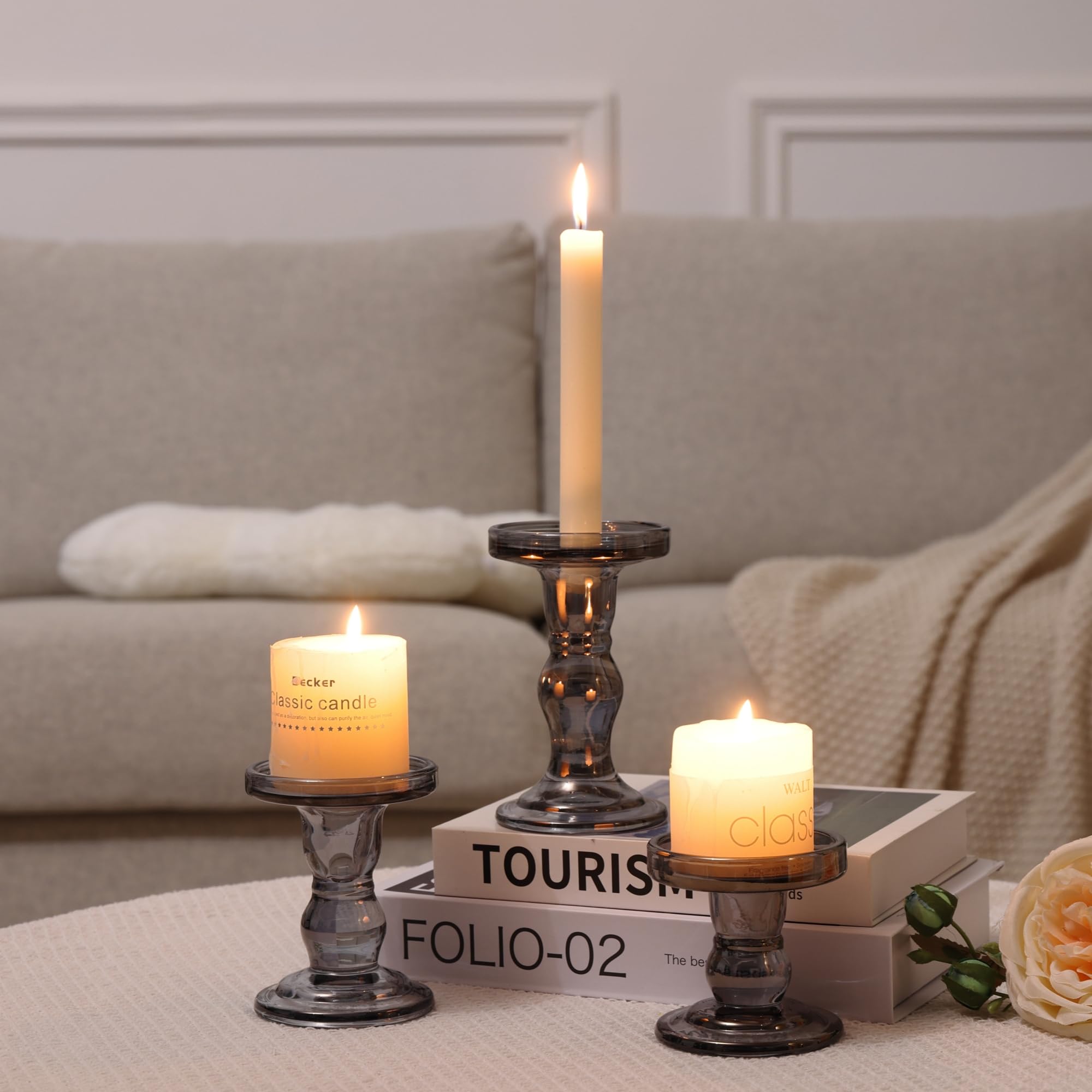 Gray Glass Candle Holder Set, QENUIITEA Set of 3 Clear Candlesticks Holders Pillar Taper Candles Tea Light Stand for Centerpieces Church Wedding Party Home Decor Dining Table