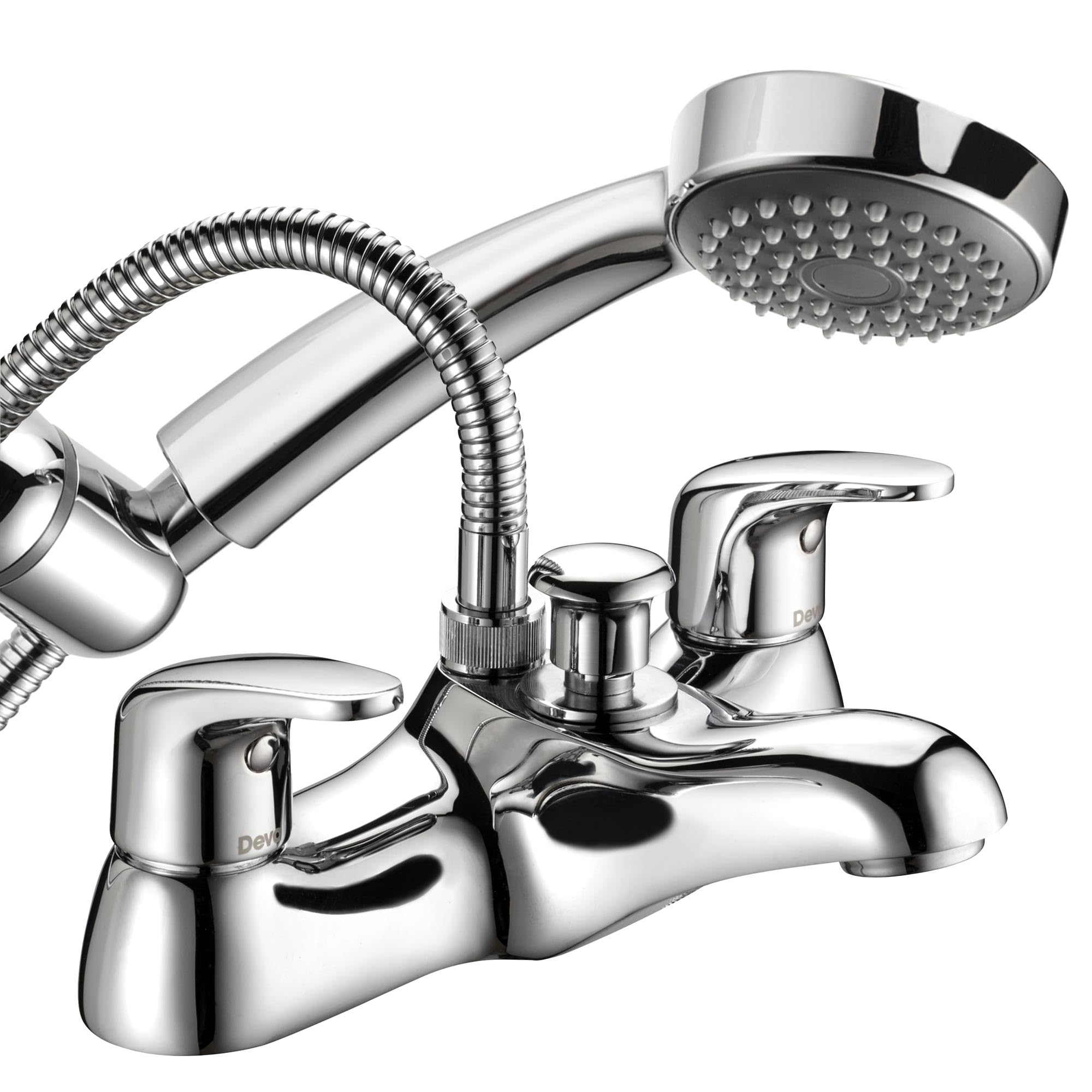 Deva Adore ADORE106 Bath Mixer Chrome with Handheld Shower Head Handset Deck Mount Hot & Cold Twin Dual Lever Handle Tap Silver – 12 Year Warranty