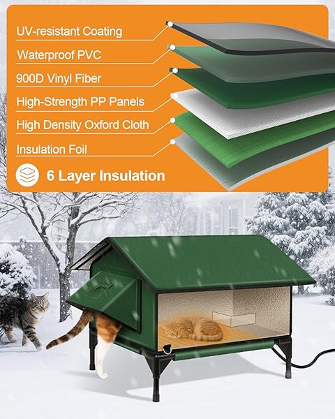 100% WATERPROOF HEATED CAT HOUSE FOR OUTDOOR CAT WITH SAFE ESCAPE DOOR, CAT BED WEATHERPROOF CAT SHELTER KITTY WITH CAT HEATING PAD, INSULATED WARM HOUSE FOR FERAL CAT(GREEN, 24″X16″X20.2″)